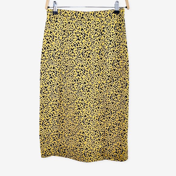 NWT BCBGeneration Printed Front Slit Midi Skirt Yellow/Black Animal Print Size 2 - Picture 2 of 9